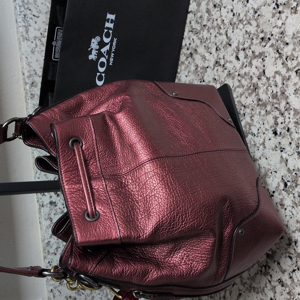 Coach SET Mickie Bag Red Metallic Pebble Leather & Signature Wristlet Wallet - Picture 10 of 17